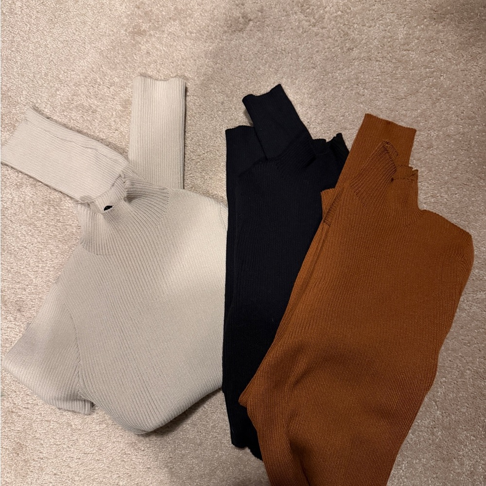 Ribbed Turtleneck Sweaters in Gray, Black, and Brown